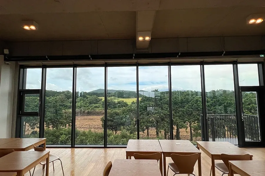 통유리창 너머로 야외 풍경이 보이는 밝은 썬룸형 실내 공간 사진