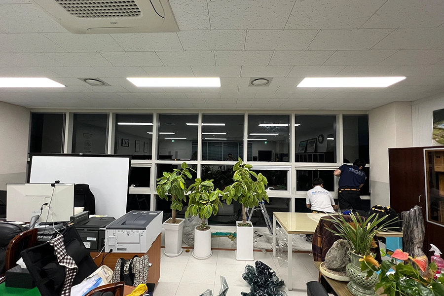 사무 공간 통유리 파티션에 작업자들이 필름을 시공하는 사진, 화분과 사무집기가 함께 보임