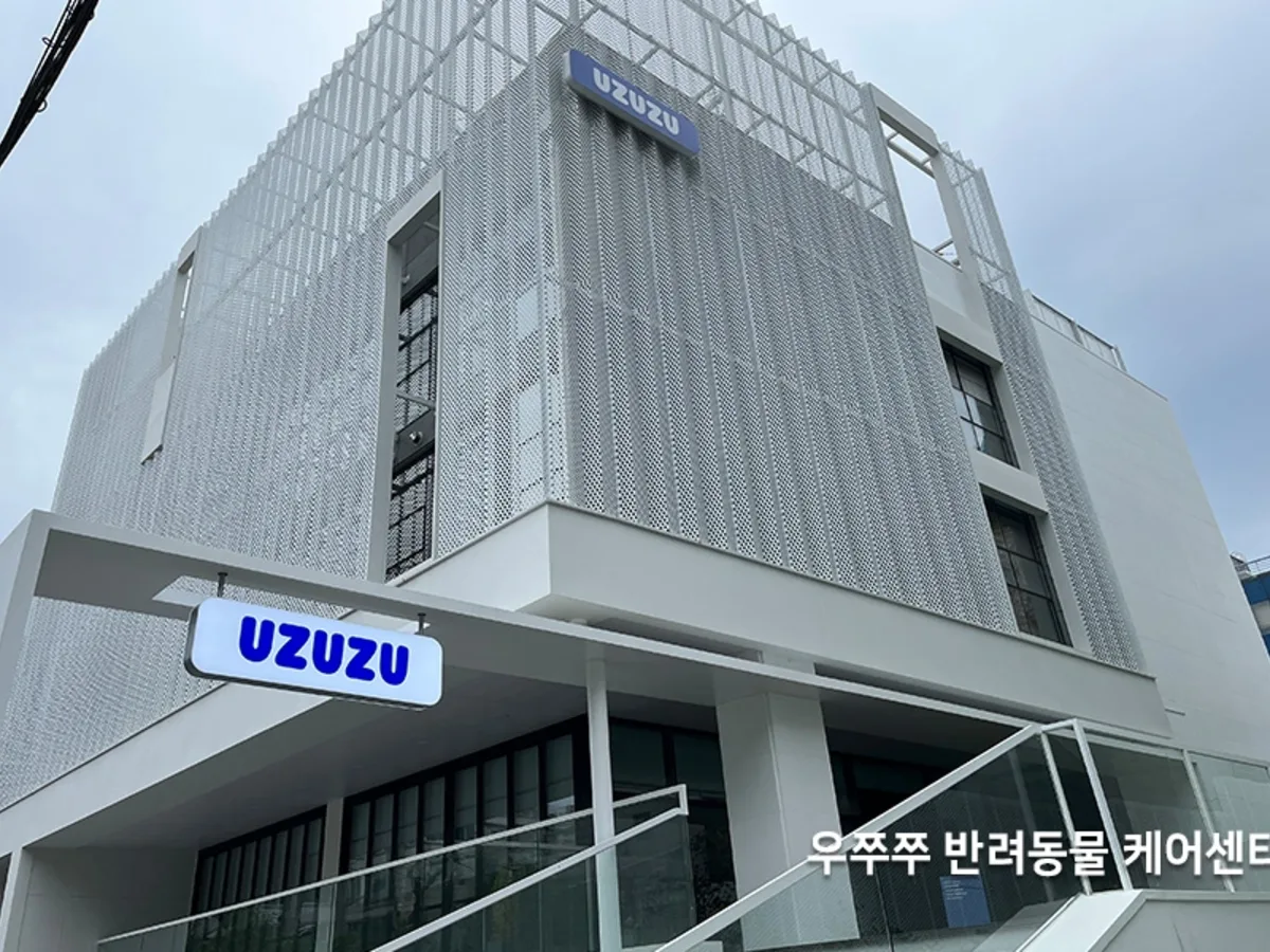 펫케어센터 상담 데스크 창가로 주차장과 인근 건물이 내다보이는 시공 전 사진